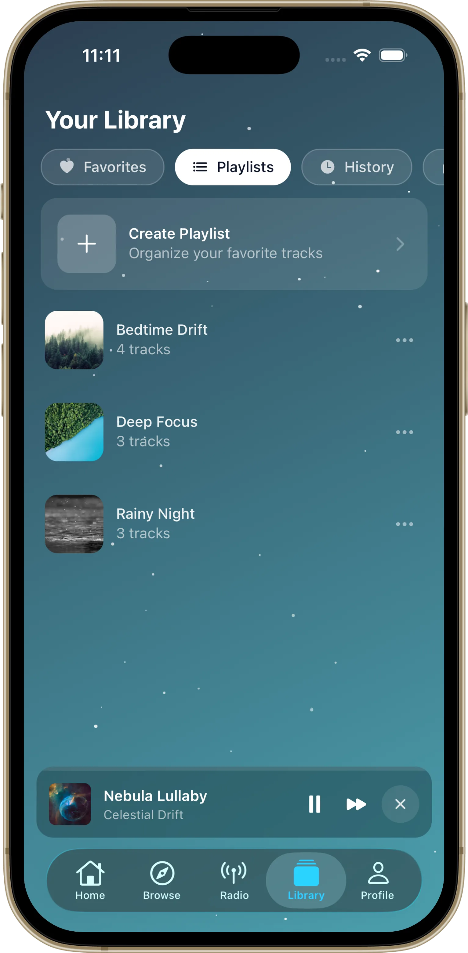 Calming Galaxy library with playlists and downloads